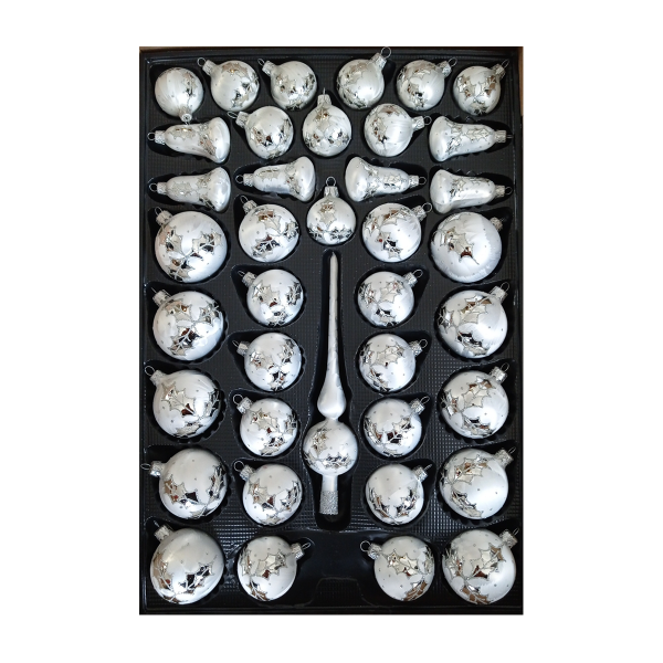 40er Christbaumkugeln Set Lauscha in Eislack weiß mit silber Christdorn