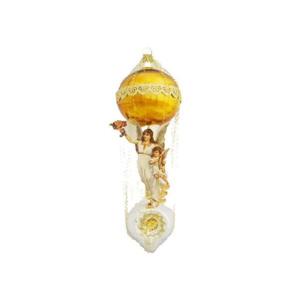 Engelsballon Gold auf Reflexkugel 17 cm, exklusiver viktorianischer Christbaumschmuck