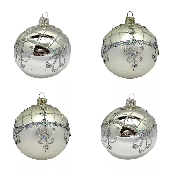 Exclusive high-quality set of 4 silver matt and shiny Christmas tree decorations in 10 cm