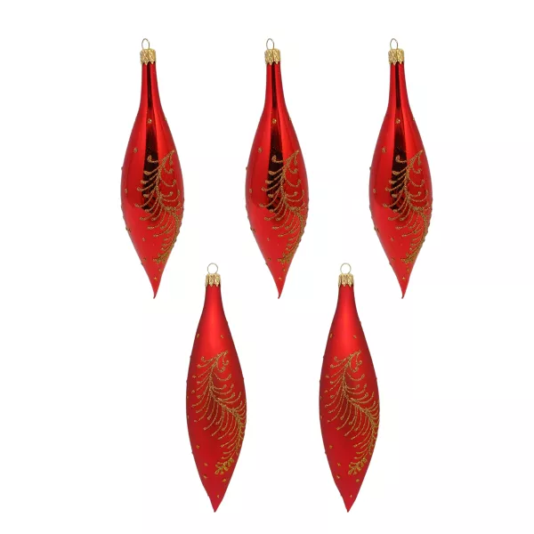 Exklusiv hochwertiges 5er Christbaumschmuck Set Oliven in Rot und goldener Ranke bemalt 15cm Lauscha