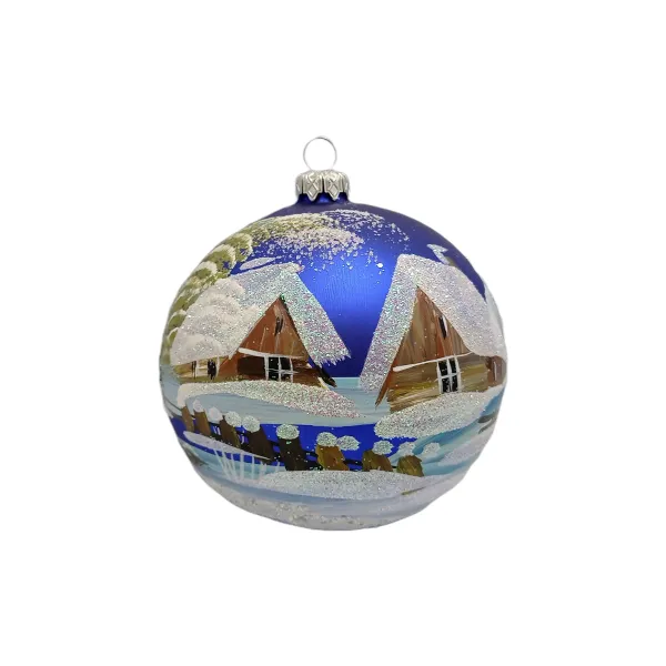 Exklusive schöne Christbaumkugel aus Glas in blau mit schöner Winterlandschaft ,12 cm Durchmesser, t_3