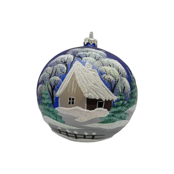 Exklusive schöne Christbaumkugel aus Glas in blau mit schöner Winterlandschaft ,15 cm Durchmesser, t