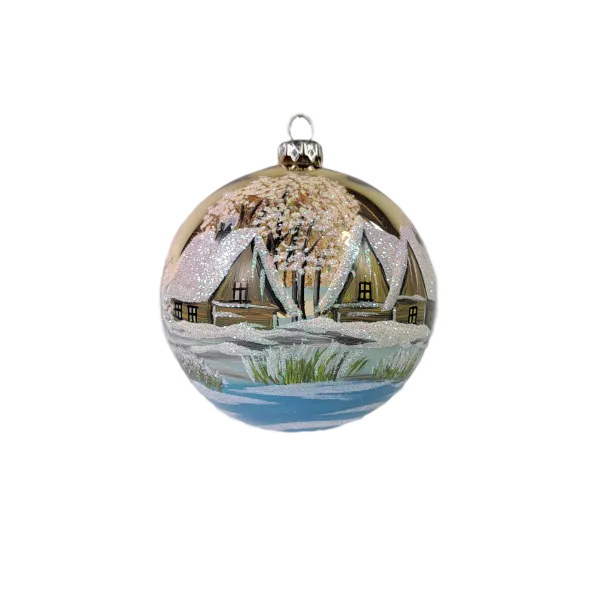 Exklusive schöne Christbaumkugel aus Glas in gold glänzend mit schöner Winterlandschaft ,12 cm Durchmesser