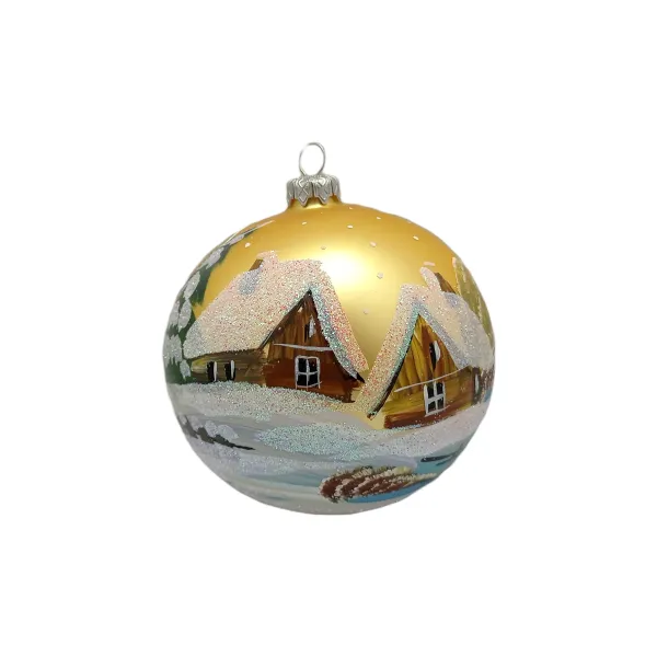 Exklusive schöne Christbaumkugel aus Glas in gold mit schöner Winterlandschaft ,12 cm Durchmesser, t