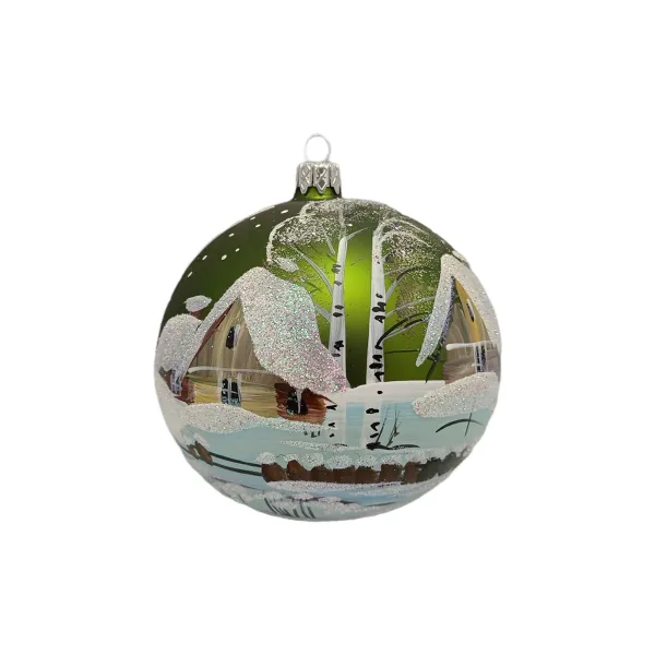 Exklusive schöne Christbaumkugel aus Glas in grün mit schöner Winterlandschaft ,12 cm Durchmesser, t