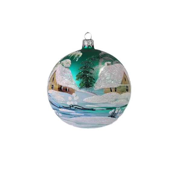 Exklusive schöne Christbaumkugel aus Glas in hellgrün matt mit schöner Winterlandschaft ,12 cm Durchmesser,