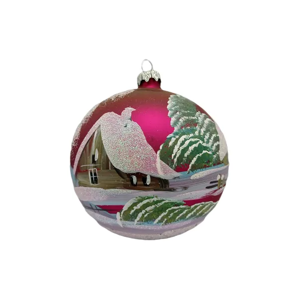 Exklusive schöne Christbaumkugel aus Glas in pink mit schöner Winterlandschaft ,12 cm Durchmesser