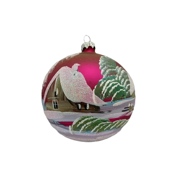 Exklusive schöne Christbaumkugel aus Glas in pink mit schöner Winterlandschaft ,12 cm Durchmesser, t_3