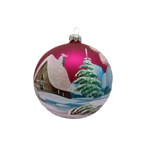 Exklusive schöne Christbaumkugel aus Glas in pink mit schöner Winterlandschaft ,15 cm Durchmesser, t