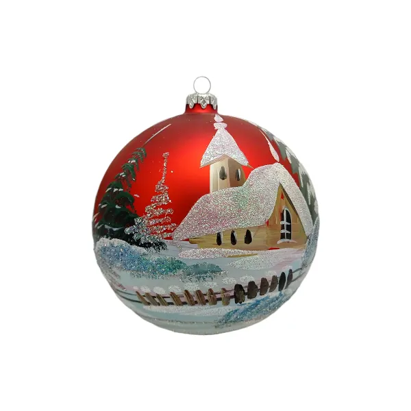 Exklusive schöne Christbaumkugel aus Glas in rot matt, mit schöner Winterlandschaft ,15 cm Durchmesser, tr