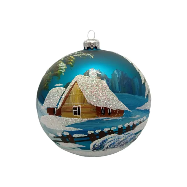 Exklusive schöne Christbaumkugel aus Glas in türkis mit schöner Winterlandschaft ,15 cm Durchmesser,