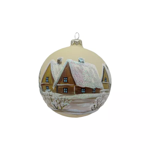 Exklusive schöne Christbaumkugel aus Glas in weiß matt mit schöner Winterlandschaft, 15 cm