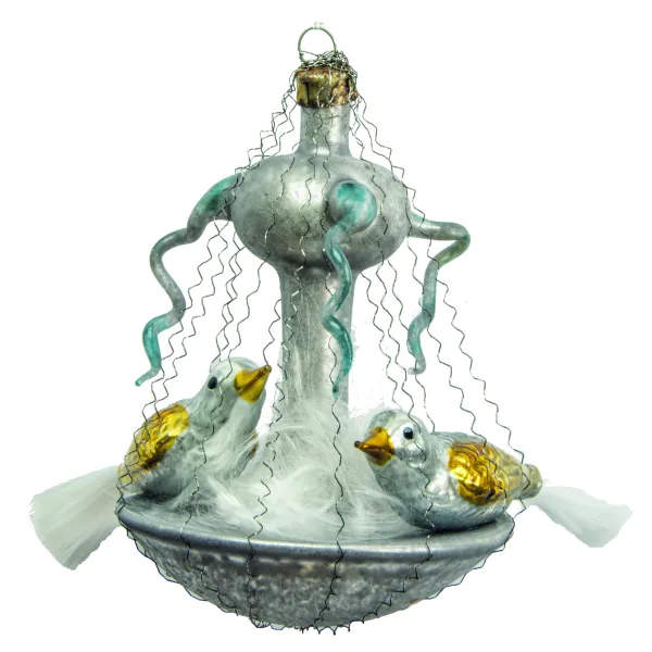 Exclusive bird bath free-formed with 2 birds 9cm - nostalgic Christmas tree decoration