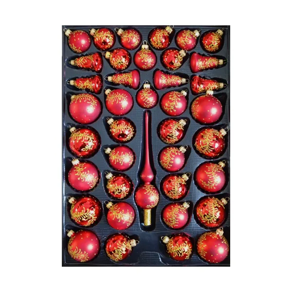 Exklusives 35er Christbaumschmuck Set in Rot mit Ranke und Oliven, mundgeblasen Lauscha