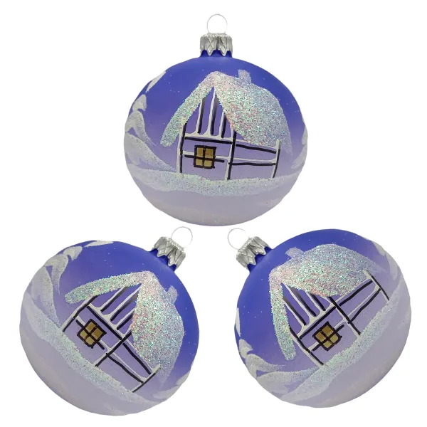 Exklusives 3er Christbaumschmuck Set blau-silber in 8cm, mit wunderschöner Winterlandschaft bemalt ,