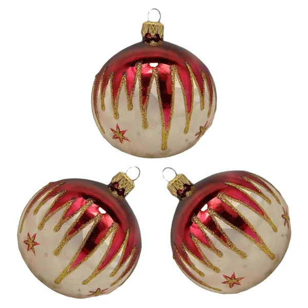 Exklusives 3er Christbaumschmuck Set in bordeaux glänzend und Eislack gold bemalt 8cm, mundgeblasen_3