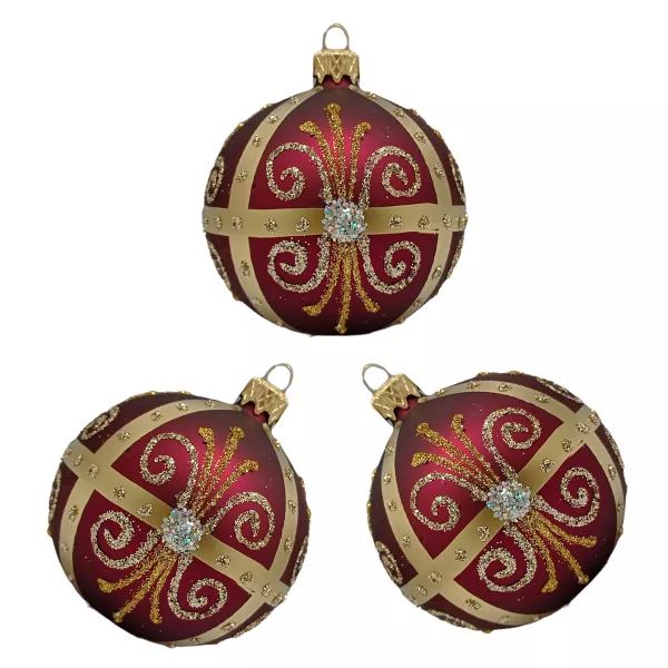 Exklusives 3er Christbaumschmuck Set in bordeaux Rot und gold bemalt 8cm, Lauscha mundgeblasen