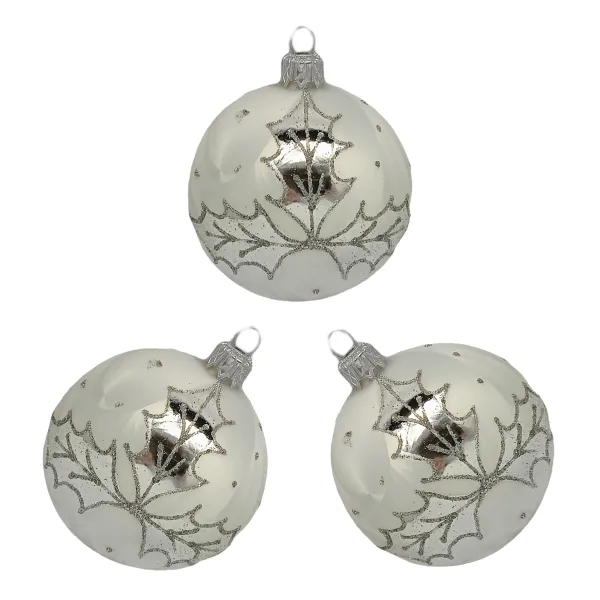 Exklusives 3er Christbaumschmuck Set in Eislack weiß und liebevoll mit Lorbeerblatt in silber bemalt_3