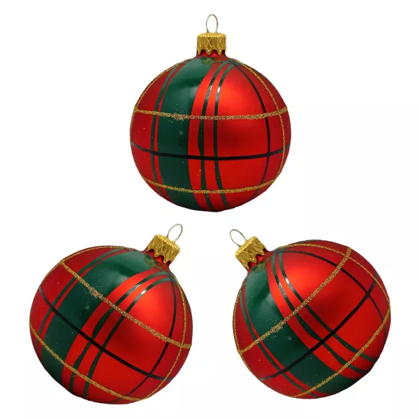 Exklusives 3er Christbaumschmuck Set in Karo rot grün und gold bemalt 8cm, Lauscha mundgeblasen