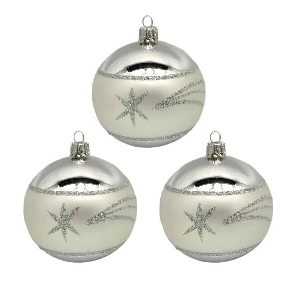 Exclusive set of 3 silver matt and shiny Christmas tree decorations in 8 cm, with beautiful shooting star