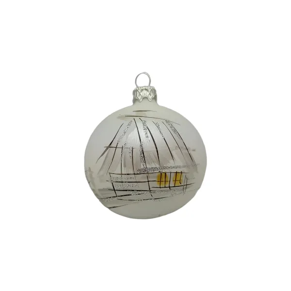 Exclusive set of 40 Christmas tree decorations in matt white, painted with a beautiful silver house and forest