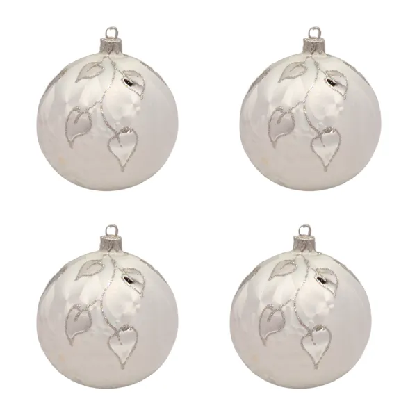 Exklusives 4er Christbaumschmuck Set 10cm in Eislack weiß und liebevoll mit Lindenblatt in silber