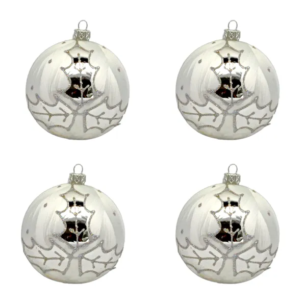 Exklusives 4er Christbaumschmuck Set in Eislack weiß und liebevoll mit Lorbeerblatt in silber bemalt_3