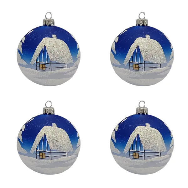 Exklusives 4er Christbaumschmuck Set blau-silber in 10cm, mit wunderschöner Winterlandschaft bemalt