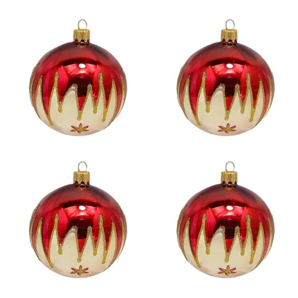 Exklusives 4er Christbaumschmuck Set in bordeaux glänzend und Eislack champ. gold Zacken bemalt 10cm, mundgeblasen