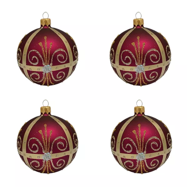 Exklusives 4er Christbaumschmuck Set in bordeaux Rot und gold bemalt 10cm, mundgeblasen Lauscha