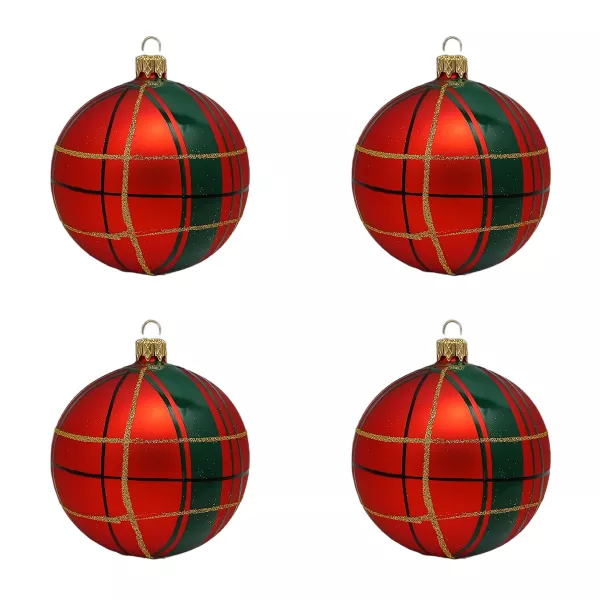 Exklusives 4er Christbaumschmuck Set in Karo rot grün und gold bemalt 10cm, mundgeblasen Lauscha