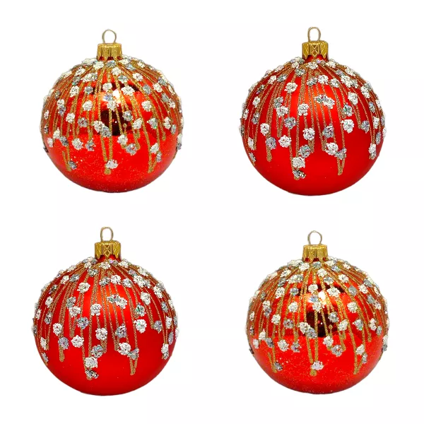 Exklusives 4er Christbaumschmuck Set in schönem Rot und Schneeflocken bemalt 10cm, mundgeblasen Lauscha