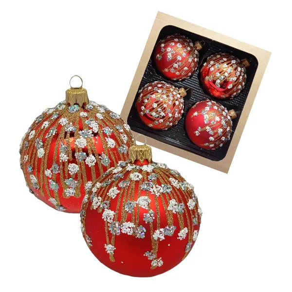 Exklusives 4er Christbaumschmuck Set rot matt und glänzend in 8 cm, mit wunderschönem Blumendekor-495