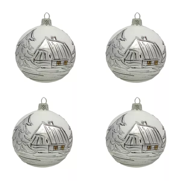Exklusives 4er Christbaumschmuck Set weiß in 10 cm mit weihnachtlicher Winterlandschaft und Haus