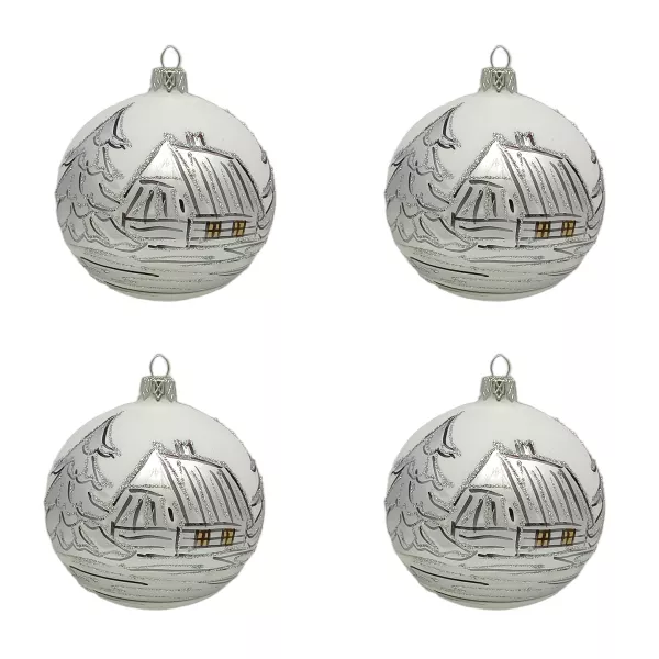 Exclusive set of 4 white Christmas tree decorations in 10 cm with Christmas winter landscape and house