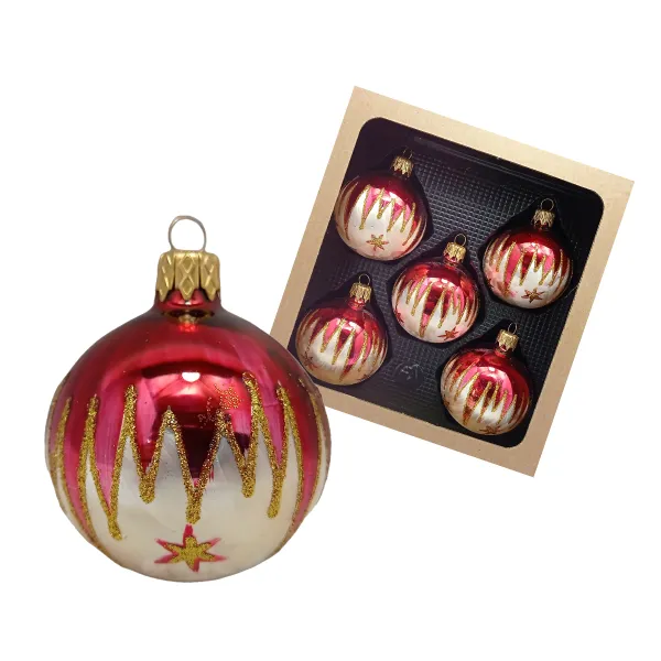 Exklusives 5er Christbaumschmuck Set in bordeaux glänzend und Eislack gold bemalt 6cm, mundgeblasen_3