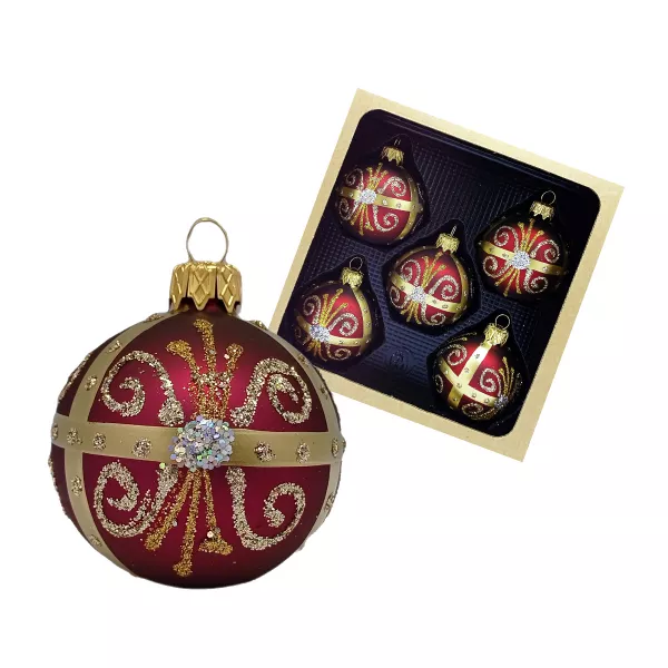 Exklusives 5er Christbaumschmuck Set in bordeaux Rot und gold bemalt 6cm, mundgeblasen Lauscha