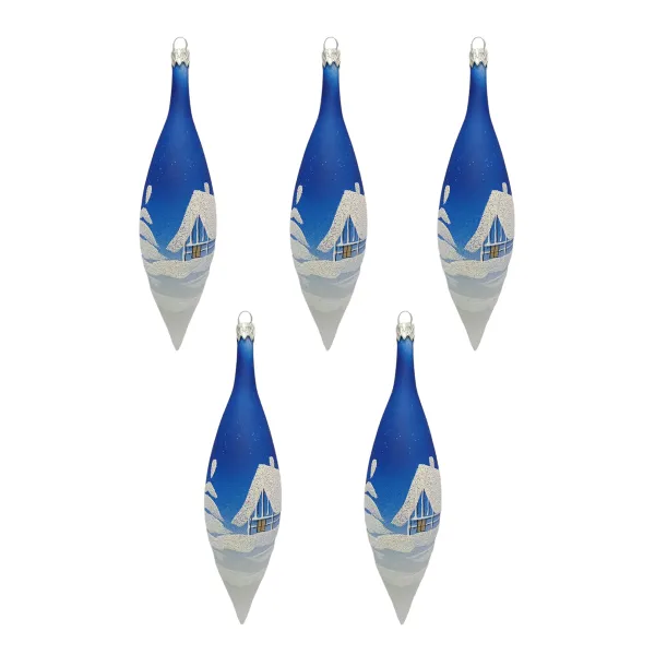 Exklusives 5er Christbaumschmuck Set Oliven blau-silber in 17cm, mit wunderschöner Winterlandschaft_3