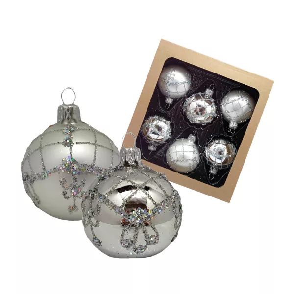 Exclusive set of 6 silver matt and shiny Christmas tree decorations in 6 cm with beautiful ornaments