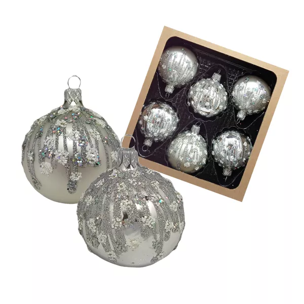 Exklusives 6er Christbaumschmuck Set Silber matt und glänzend in 6 cm mit Schneeflocken