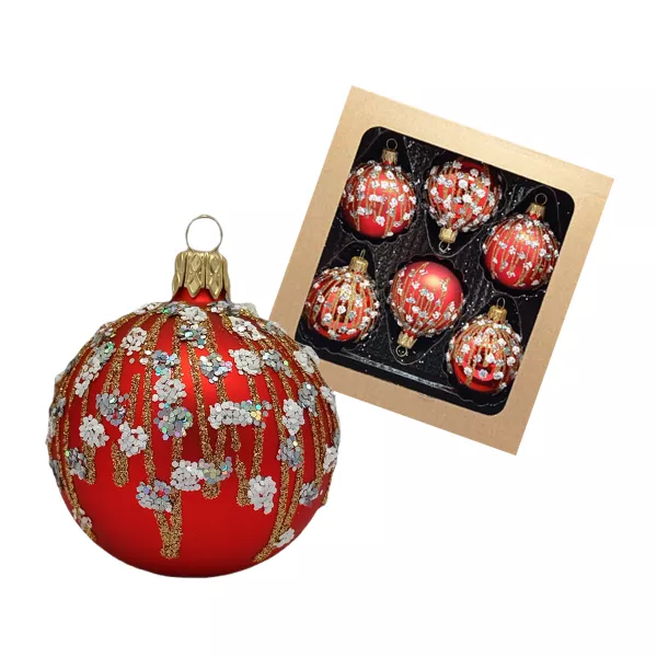 Exklusives 6er Christbaumschmuck Set rot matt und glänzend in 6 cm, mit wunderschönem Blumendekor