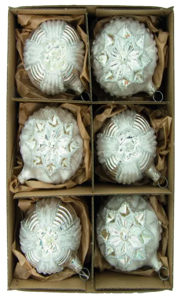 Exklusives 6er Set Weihnachtskugeln Ornamente in Eislack Silber 6cm, nostalgischer Christbaumschmuck