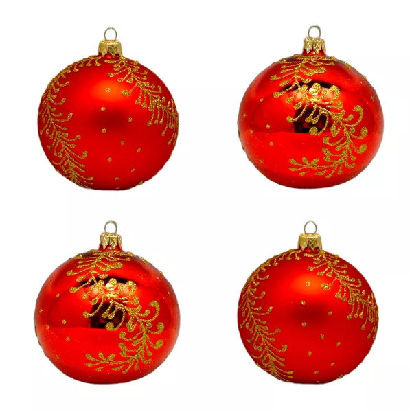 Exklusives hochwertiges 4er Christbaumschmuck Set in Rot mit goldener Ranke bemalt 10cm, mundgeblasen