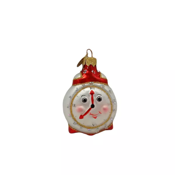 Freundlicher Wecker 7 cm hoch, Christbaumschmuck Lauscha mundgeblasen und handbemalt