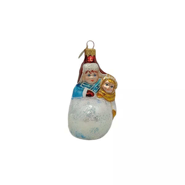 Geschwister formen Schneekugel 10 cm hoch, Christbaumschmuck Lauscha mundgeblasen und handbemalt