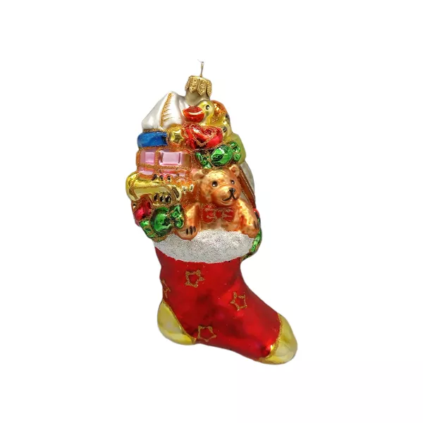 Prall gefüllter Nikolaus-Stiefel 17 cm hoch, Christbaumschmuck Lauscha mundgeblasen und handbemalt