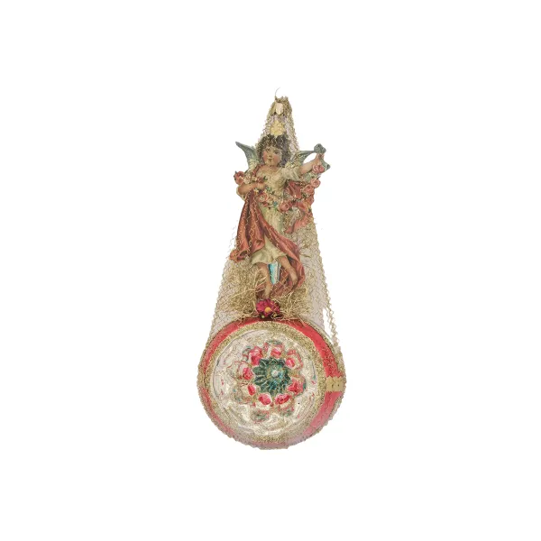Reflexkugel groß mit Engeloblate, viktorianischer Christbaumschmuck, Handarbeit, 16 cm_3