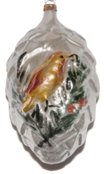 sehr schöner Zapfen in siber mit Vogel in den Zweigen dargestellt, Weihnachtsbaumschmuck Glas 10 cm