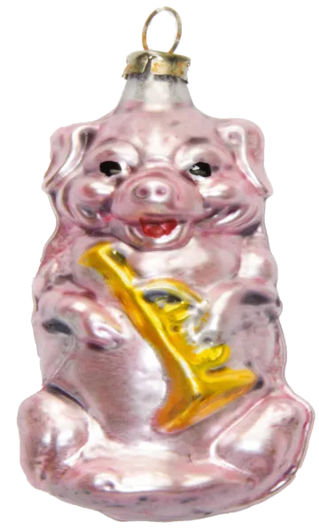 Süßes kleines Schweinchen mit Trompete, Weihnachtsbaumschmuck auf Glas ca 8 cm,nostalgie pur