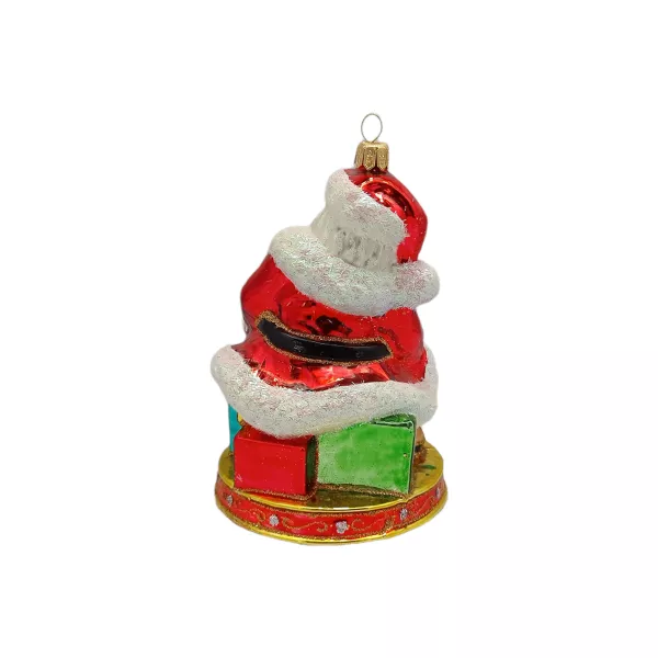 Weihnachtsmann hält Schneekugel 14 cm hoch, Christbaumschmuck Lauscha mundgeblasen und handbemalt